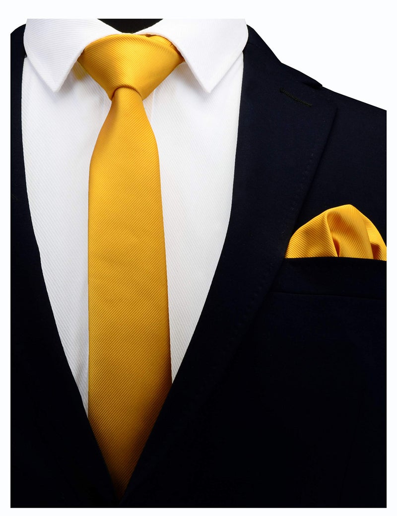 GUSLESON 2.4" Skinny Tie For Men Solid Gold Yellow Slim Necktie and Pocket Square Set (0754-19) - Image 2